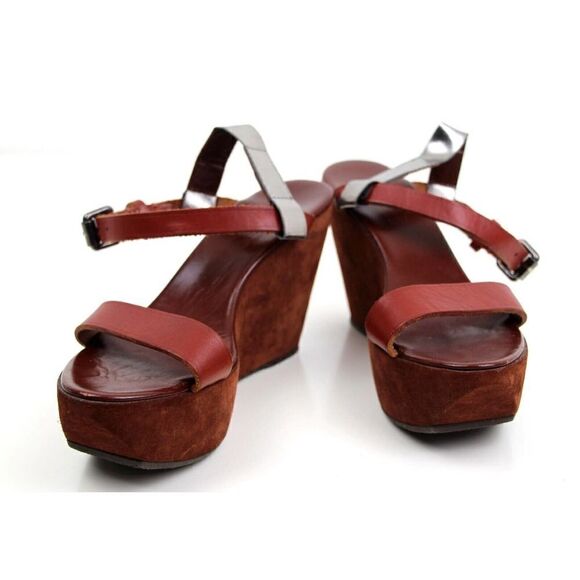 Acne Italy BROWN SUEDE SILVER LEATHER OPEN TOE HIGH HEEL WEDGE SHOES Sz 40 9.5 - Picture 5 of 10